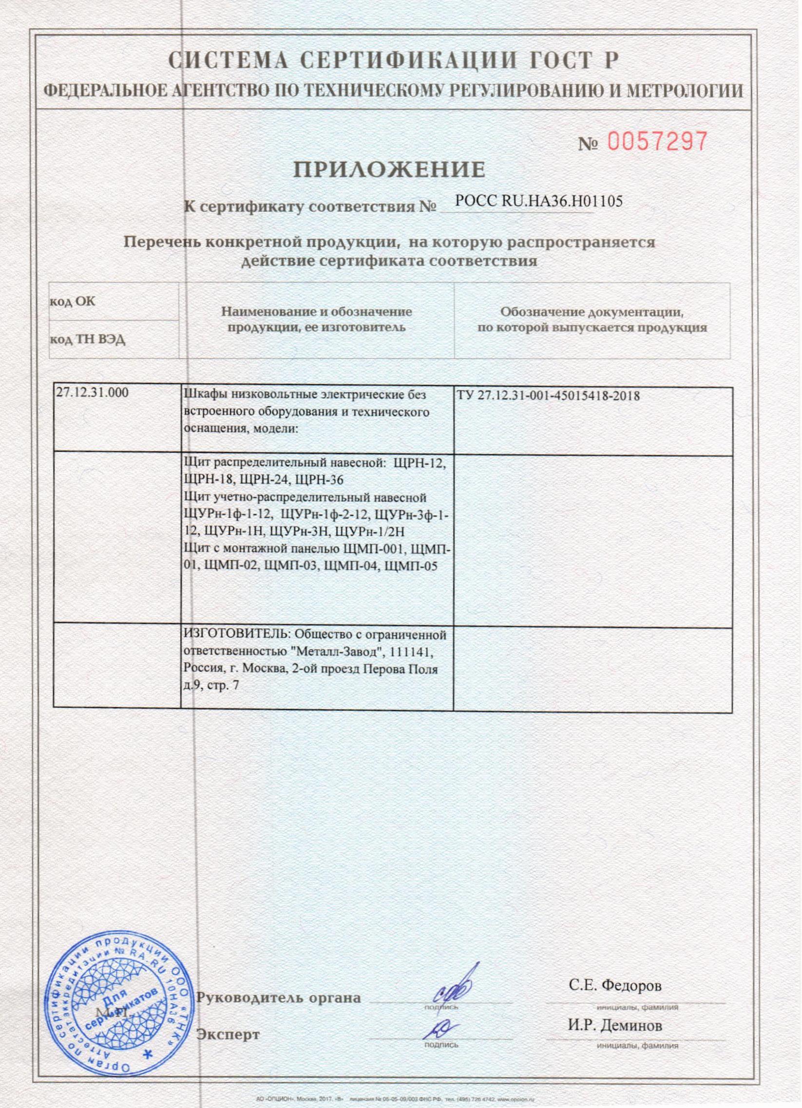 Приложение к сертификату о соответствии на Электрощиты: ЩУРн, ЩМП  Приложение к сертификату о соответствии на Электрощиты: ЩУРн, ЩМП